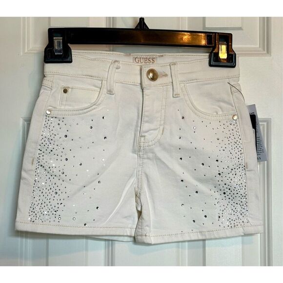 GUESS KIDS - NWT - Girls Sz 7 - White Denim Shorts with Sparkly Rhinestones - Picture 2 of 15